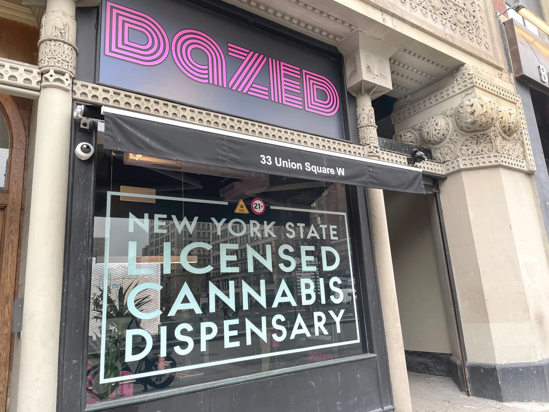 Signage for Dazed, a New York State licensed cannabis dispensary, is displayed at 33 Union Square West near 14th Street in New York.