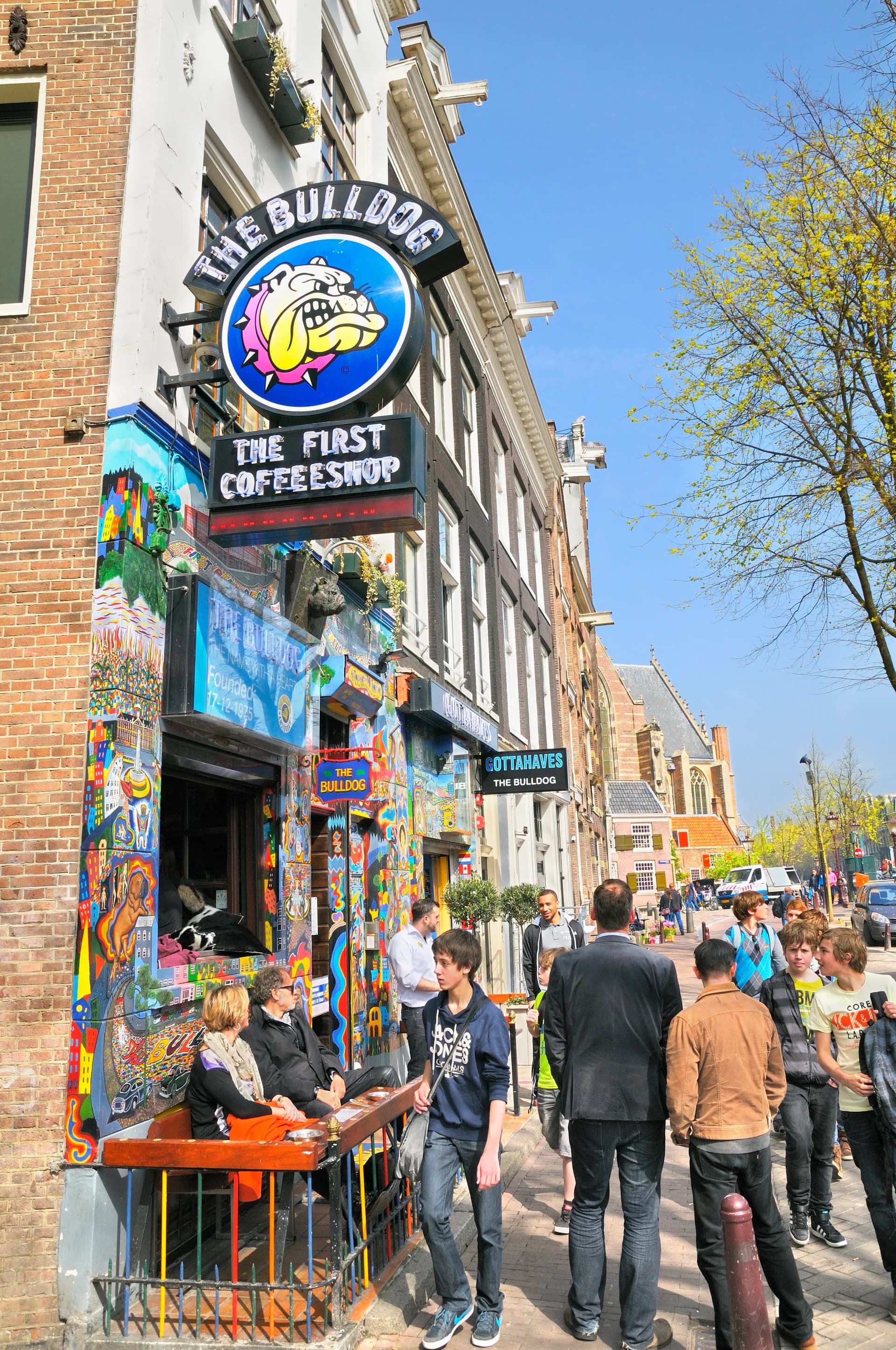 The exterior of The Bulldog, the famous first coffeeshop at Oudezijds Voorburgwal in the Red Light District of Amsterdam, Netherlands.