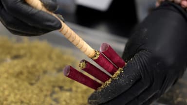 A worker pre-rolls flower products in the packaging room of 1937 Group, a cannabis cultivation and manufacturing facility, in Broadview, Illinois, on Jan. 10, 2024. | Antonio Perez/Chicago Tribune/TNS/Newscom