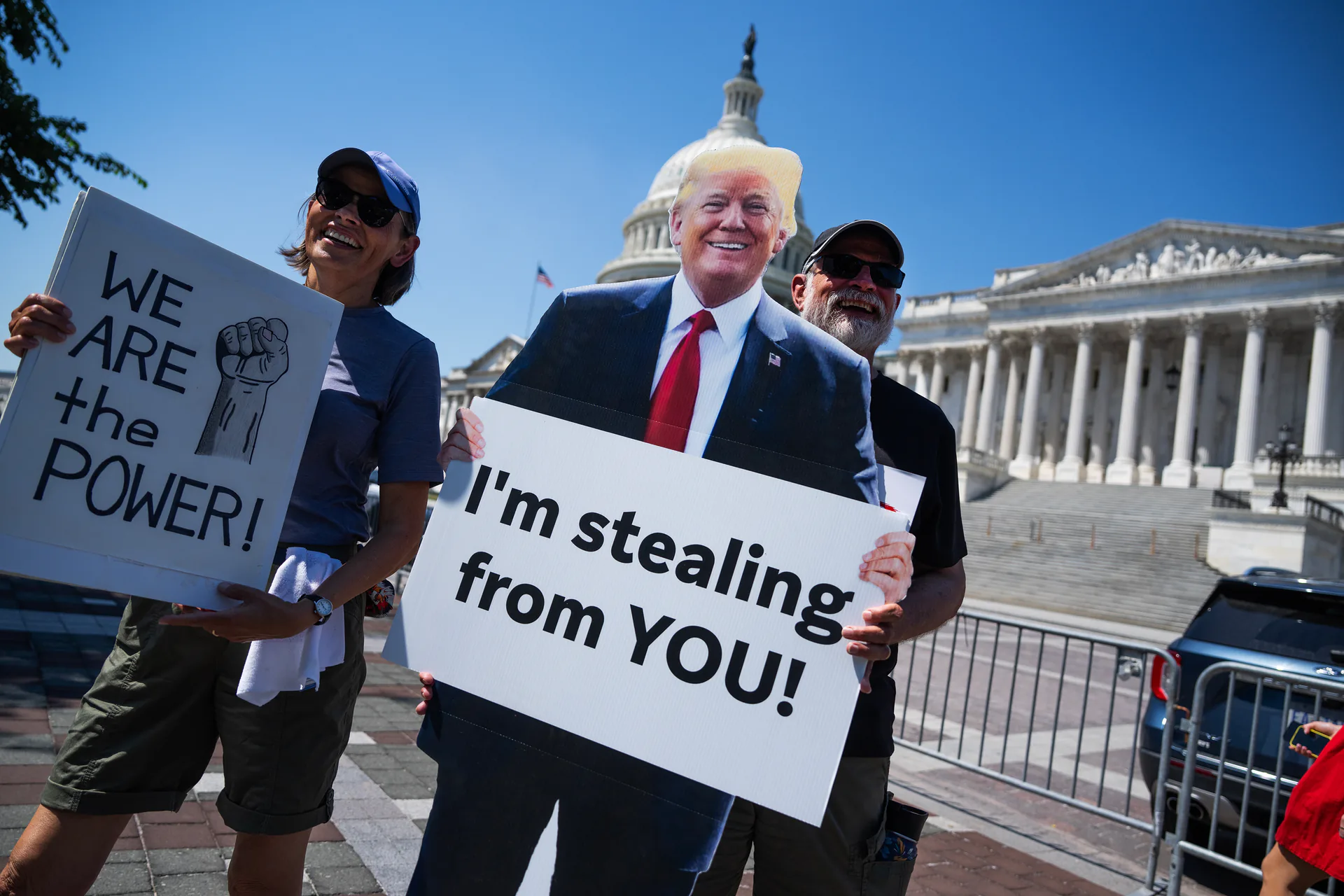 Demonstrators hold a cutout of President Donald Trump on the East Front of the U.S. Capitol on May 20, 2026. Cannabis banking and insurance bills remain stalled in Congress.