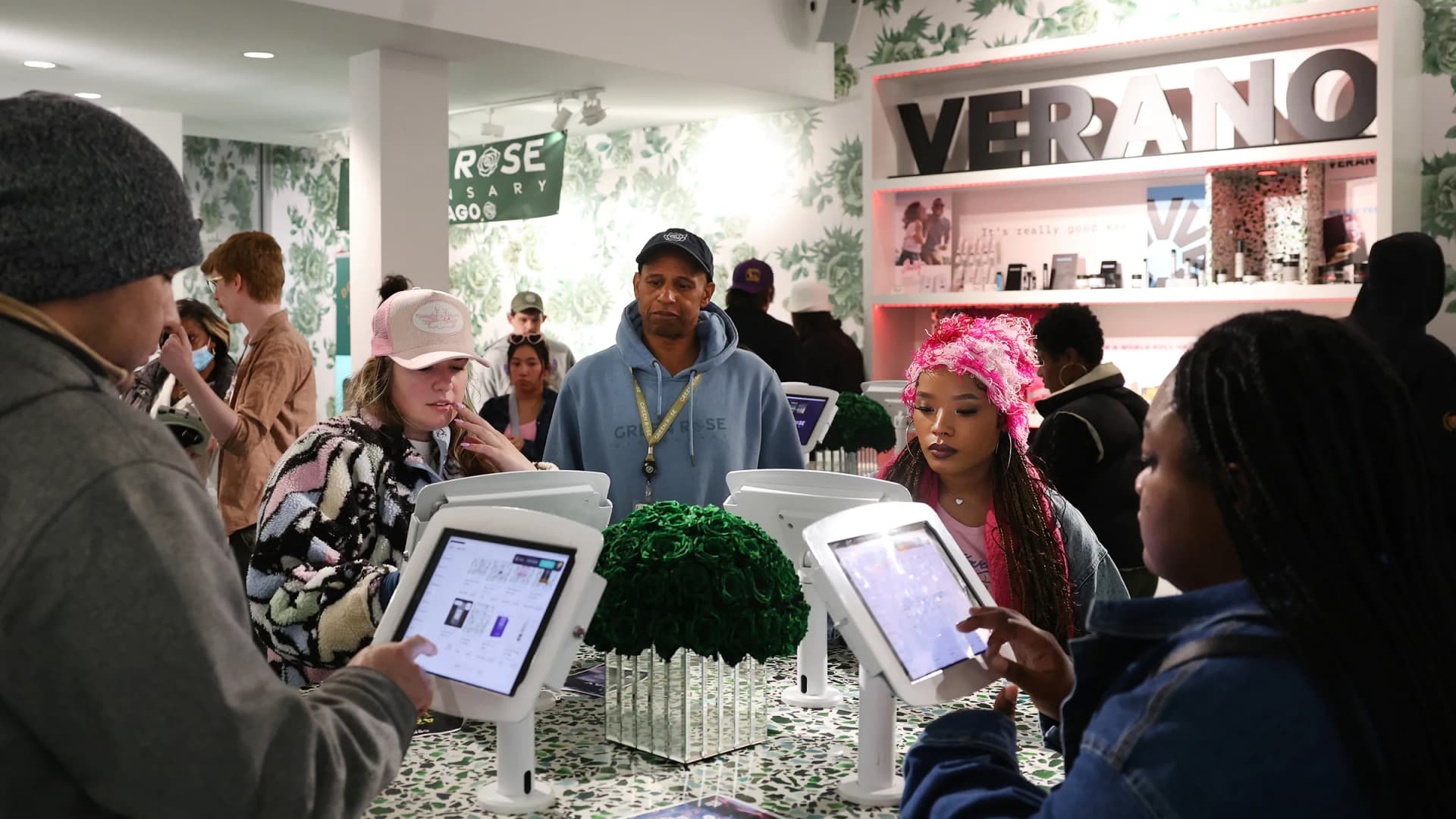 Customers order at kiosks inside Green Rose Dispensary in Chicago's River North neighborhood during the 420 Sesh Fest on Saturday, April 20, 2024. | Chris Sweda/Chicago Tribune/TNS/Newscom
