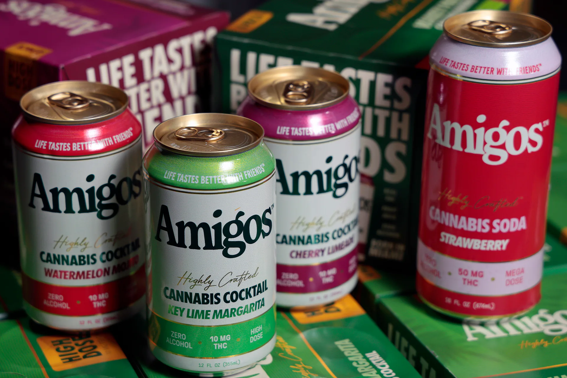 Amigos cannabis-infused cocktails and sodas in 10mg and 50mg THC doses per can are shown in the warehouse at Funky Buddha Brewery in Oakland Park, Fla., on Thursday, April 16, 2026.
