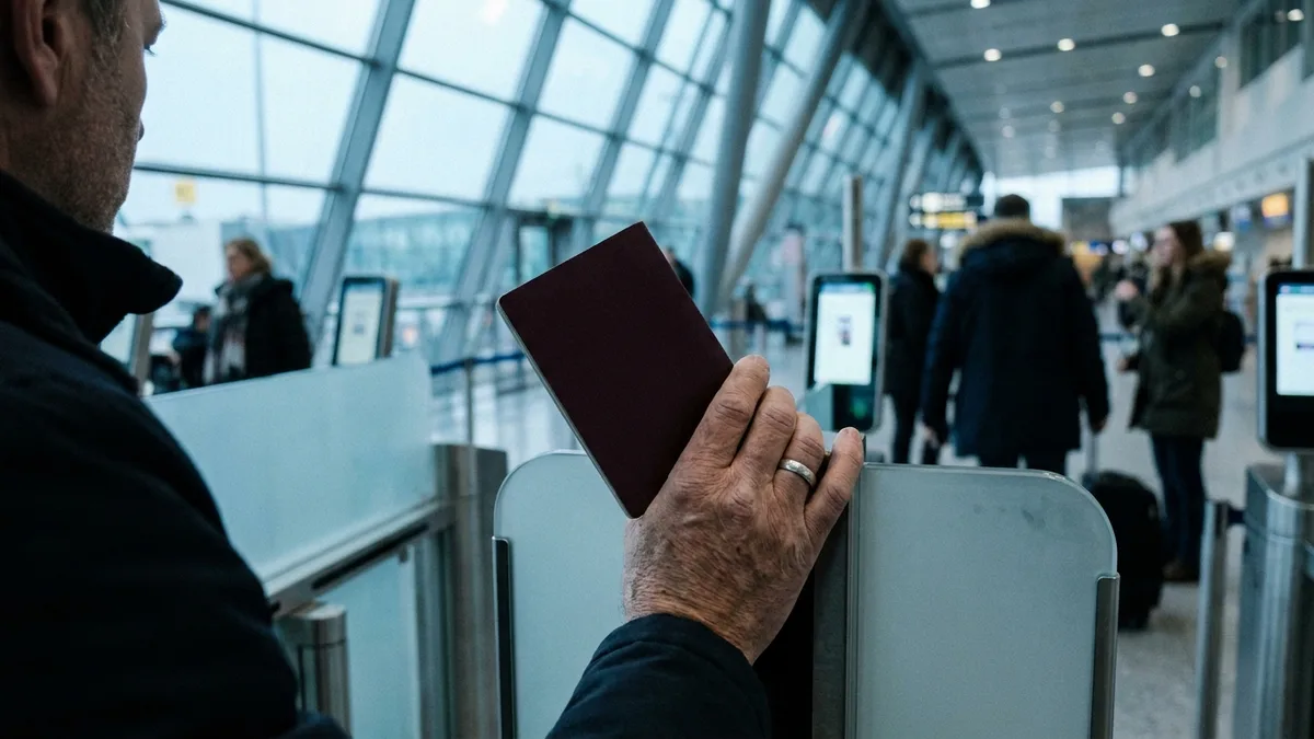 Anonymous travelers queuing at automated border e-gates in an airport hall, shot from behind, no legible signage, one person holding a closed passport.