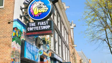 The Bulldog The First coffeeshop stands on Oudezijds Voorburgwal in Amsterdam's Red Light District in the Netherlands. Coffeeshops like this one draw travelers hoping to visit during a layover in the Dutch capital. (Chris Harris/UCG/Universal Images Group/Newscom)