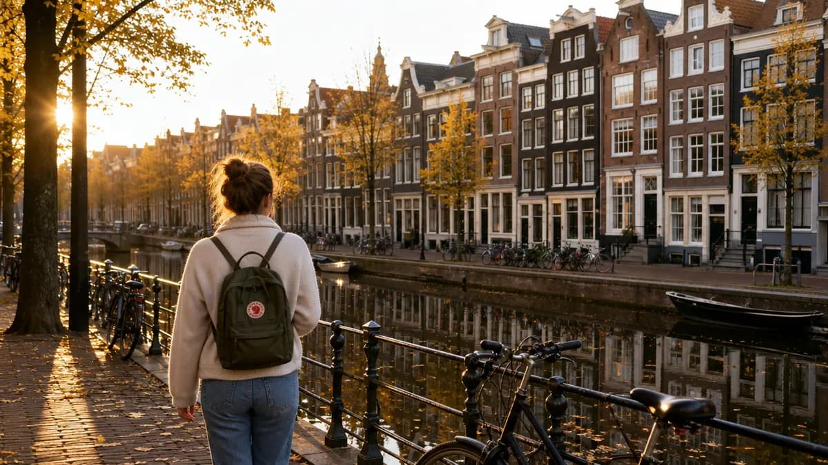 Quiet Amsterdam canal at golden hour with gabled houses reflected in water, a lone traveler with a small backpack walking the canal-side.