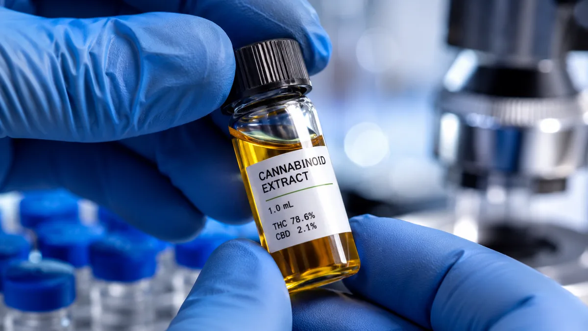 Gloved hands in a pharmaceutical research lab holding a vial of cannabis extract beside analytical instruments, sample tubes in soft-focus background.