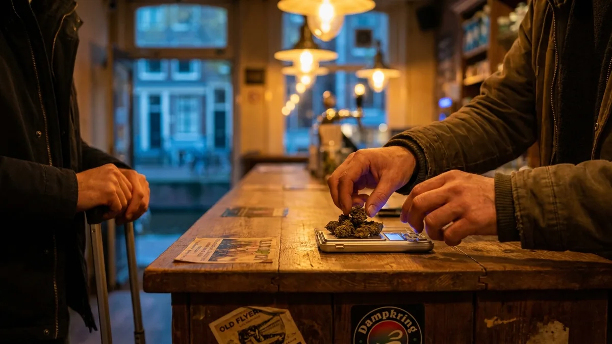 Coffeeshop counter interior: budtender weighing flower on a small scale for a customer with a rolling suitcase beside them, warm ambient light, no readable menus.