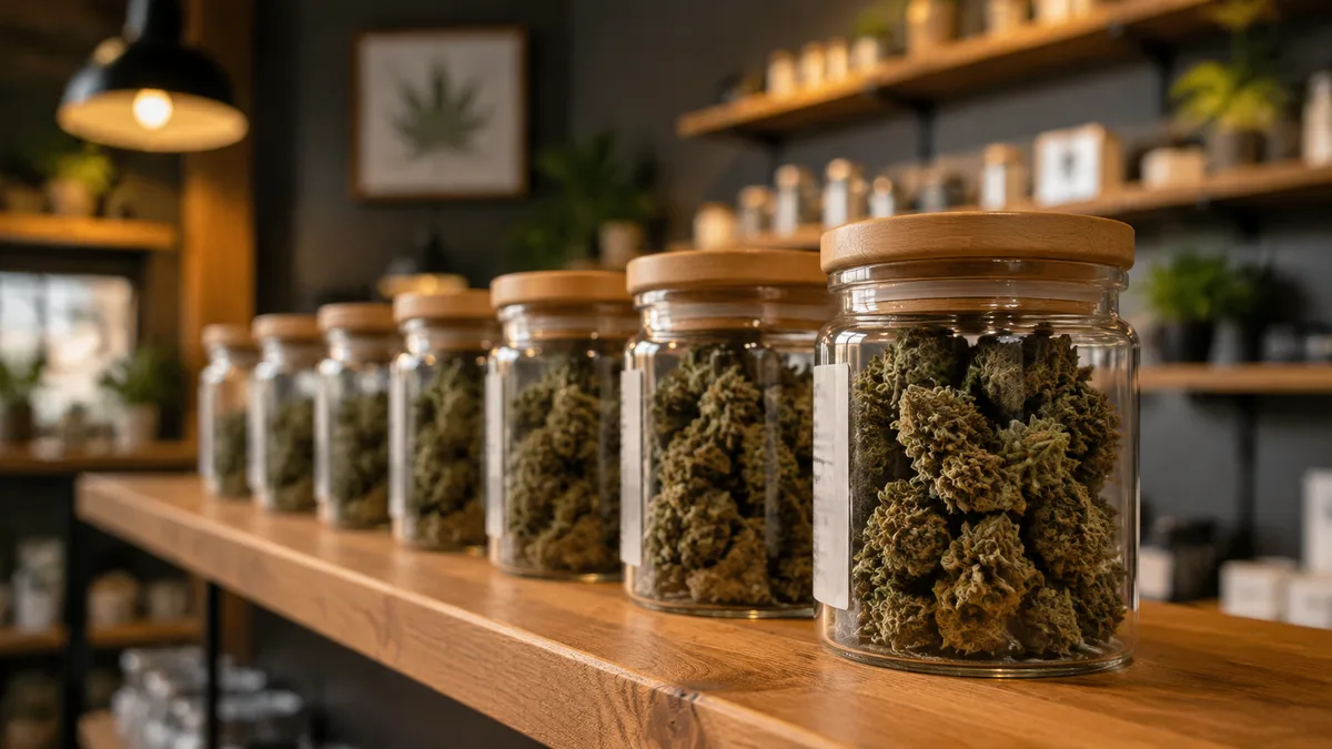 Glass jars of medical cannabis flower lined on a dispensary shelf, warm lighting, labels turned away so no text is legible.