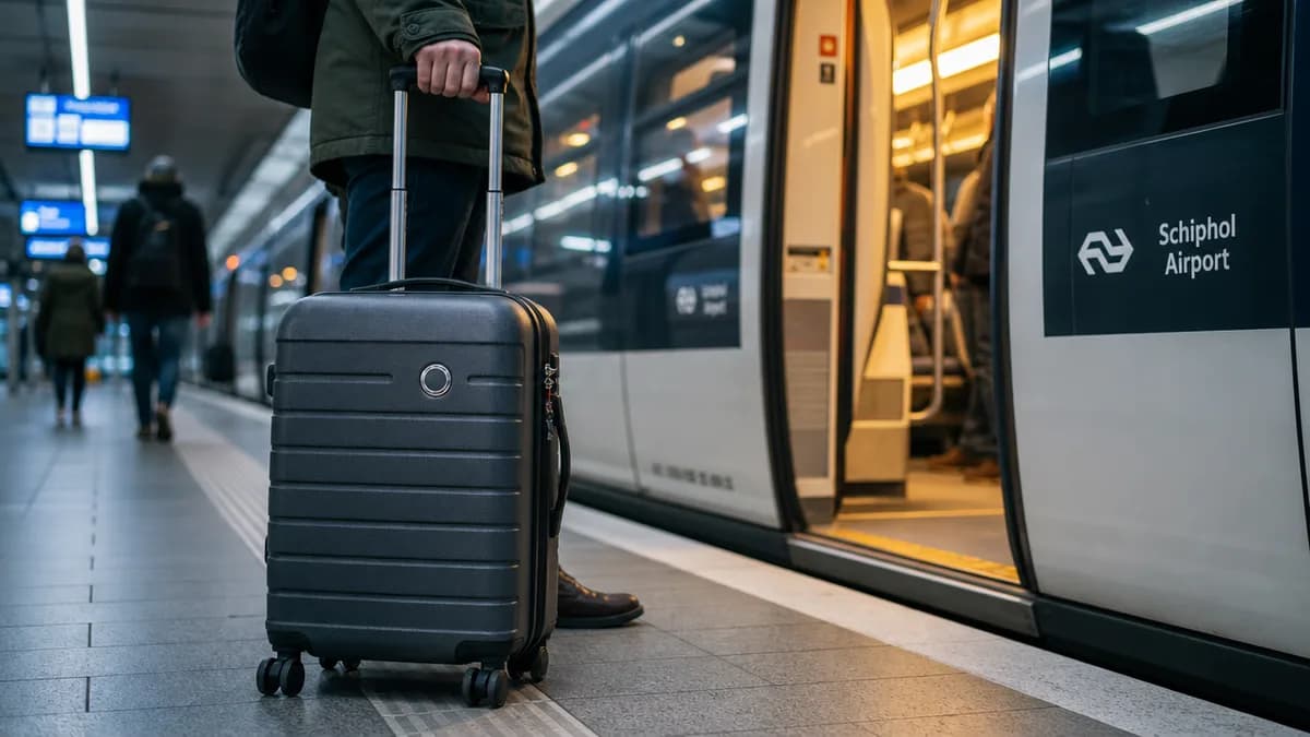 NS Sprinter train at the underground Schiphol Airport rail platform, travelers with carry-on bags boarding beneath the terminal.
