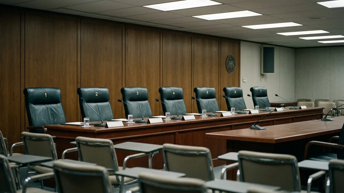 Row of seven empty chairs along a table in a government hearing room, harsh fluorescent lighting, moody wide shot emphasizing exclusion.