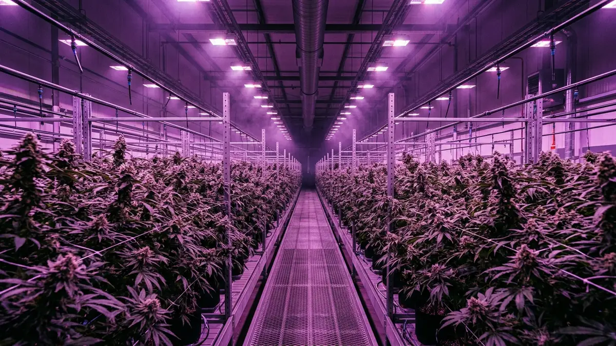 Rows of flowering cannabis plants under purple-pink grow lights in a licensed cultivation facility, wide angle down the aisle, no people or signage.