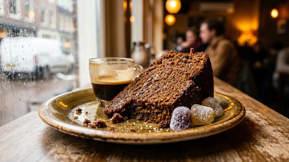 Close-up of a space cake slice and a few gummies on a café plate next to an espresso, moody window light, no packaging text visible.