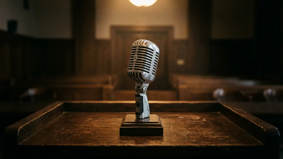Close-up of a microphone at an empty wooden witness stand in a dim administrative hearing room, shallow depth of field, no readable text.