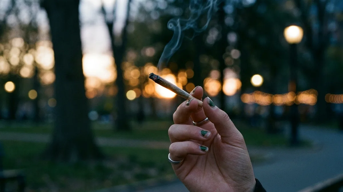 Close-up of an anonymous hand holding a lit joint outdoors in a public park, shallow depth of field, moody dusk light.