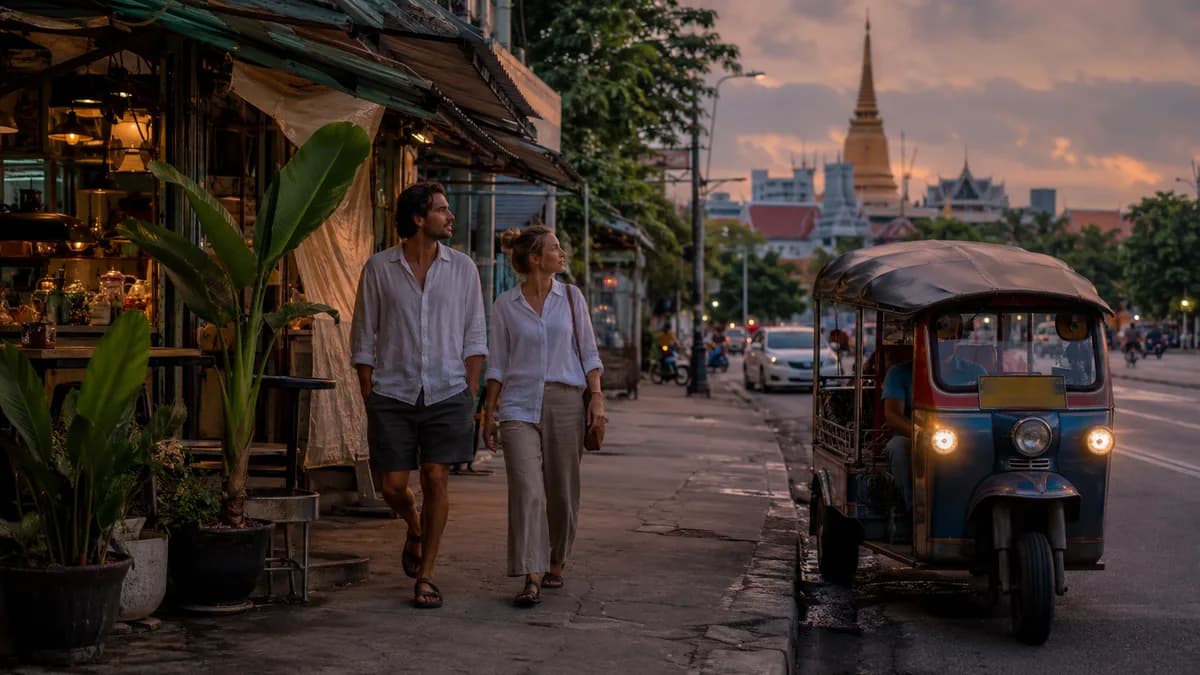 Busy Bangkok street at dusk with tuk-tuks, tourists strolling past shopfronts and tropical foliage, humid neon-free evening light