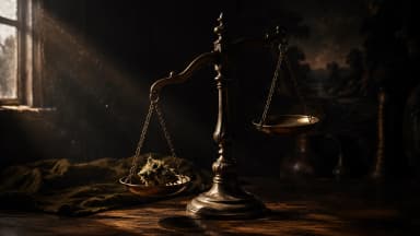 A stylized illustration of an antique brass balance scale on a dark wooden table, with a dried cannabis flower weighing down one pan under a shaft of window light. (VapeExperts/AI)