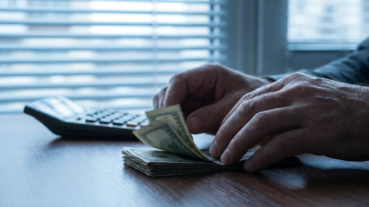 Hands counting stacked cash next to a calculator on a desk in soft office light, shallow depth of field, no legible documents visible.