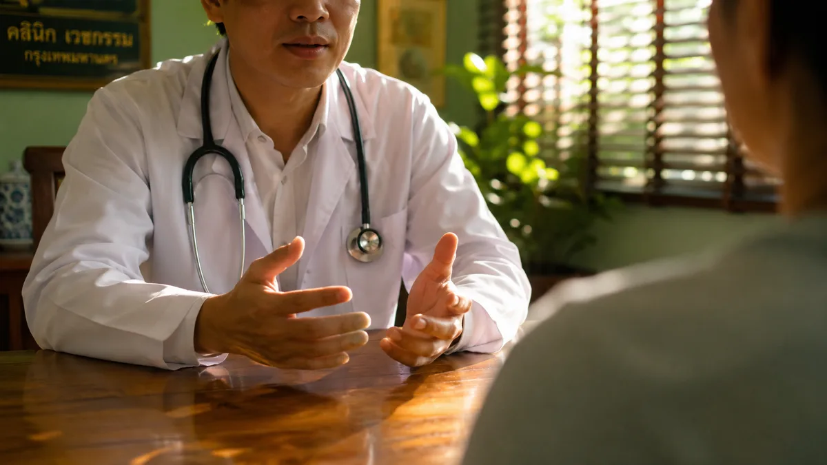 Doctor in white coat with stethoscope speaking to a seated patient across a small clinic desk, tropical light through window, no legible papers