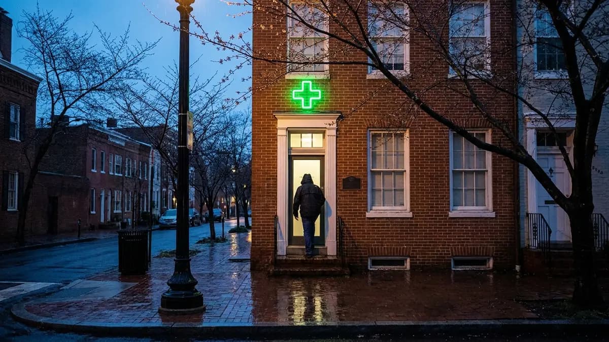 Exterior of an unmarked medical dispensary storefront with a glowing green cross light, patient entering through the door at dusk, no readable signage.