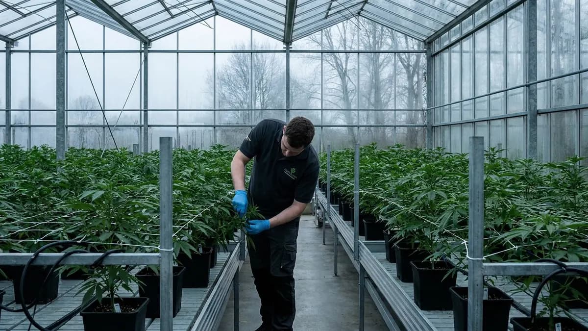 Rows of medical cannabis plants inside a commercial greenhouse, sunlight through glass panels, worker in gloves tending a plant in the background.