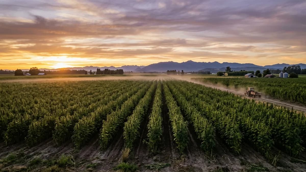 Wide shot of a hemp field at golden hour, rows of tall hemp plants stretching toward the horizon, evoking the hemp regulation shift.
