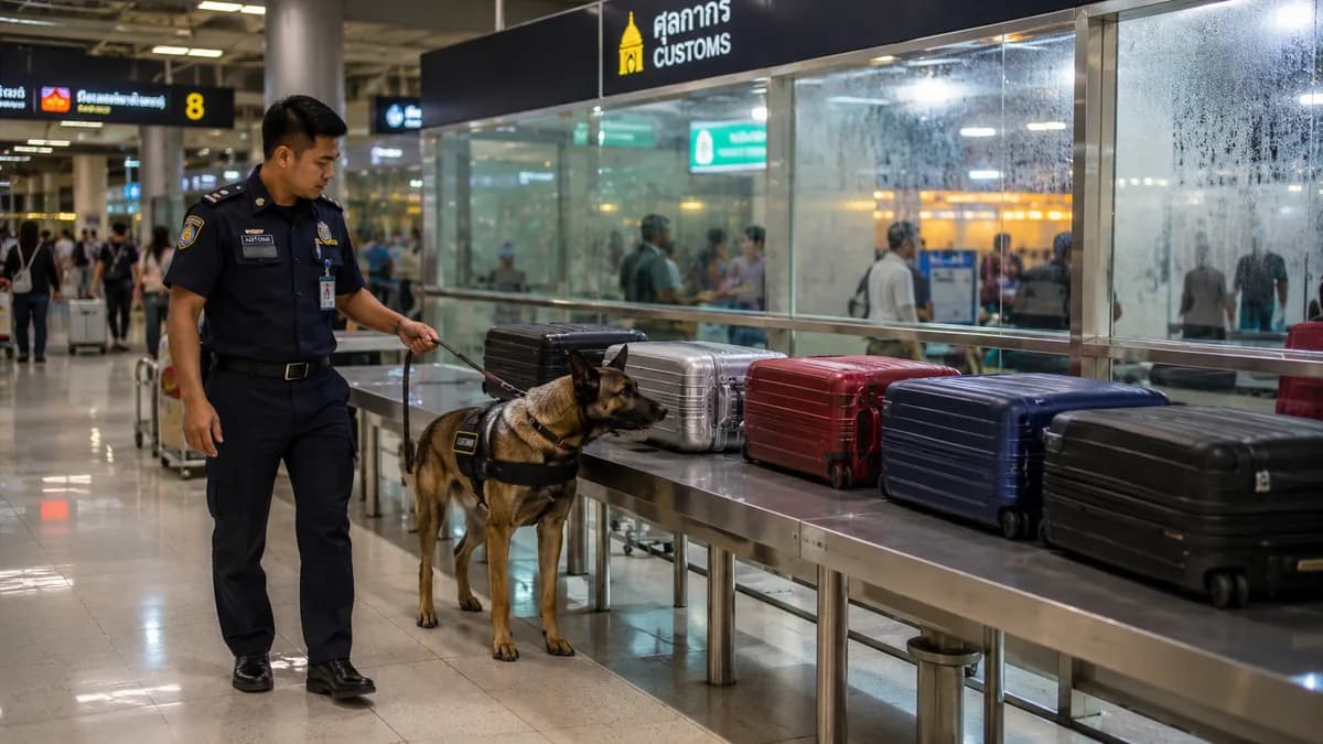 Customs sniffer dog inspecting a row of large hard-shell suitcases on a baggage inspection table, handler's gloved hand on leash
