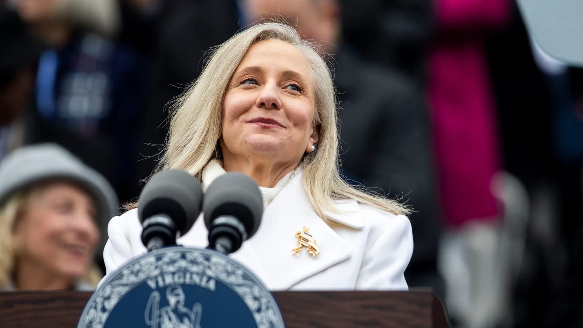 Virginia Governor Abigail Spanberger addresses the crowd after taking the oath of office during an inauguration ceremony at the Virginia State Capitol in Richmond on Saturday, Jan. 17, 2026. | Kendall Warner/TNS/Newscom