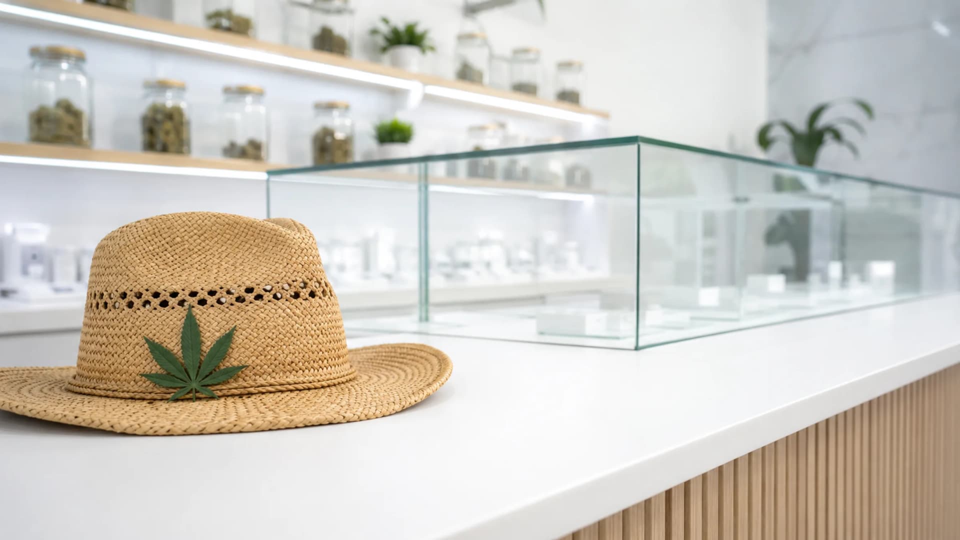 A woven straw sun hat rests on a white dispensary counter with an empty glass display case blurred in the background. (VapeExperts/AI)