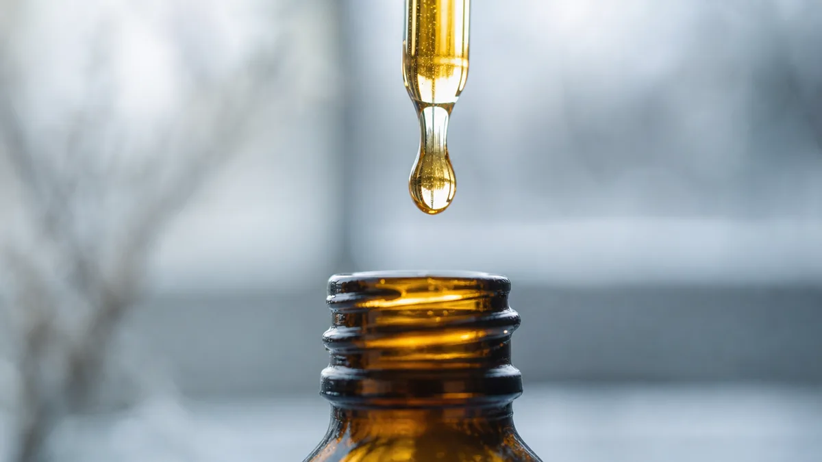 Unlabeled amber CBD oil bottle with dropper releasing a golden drop, backlit on a plain surface, shallow depth of field.