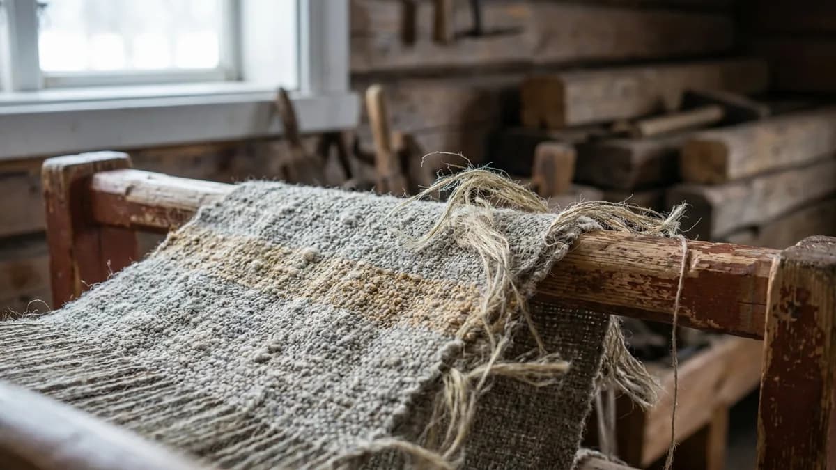 Close-up of coarse hand-woven hemp textile and loose hemp fibres draped over a weathered wooden loom in soft Nordic daylight.