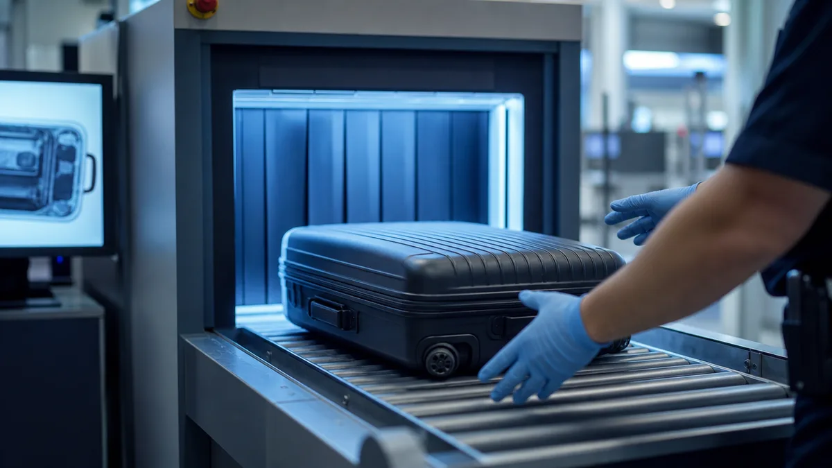 Carry-on suitcase sliding through an airport security x-ray conveyor belt, gloved customs officer's hands reaching for it, cool blue scanner light, no legible signage.