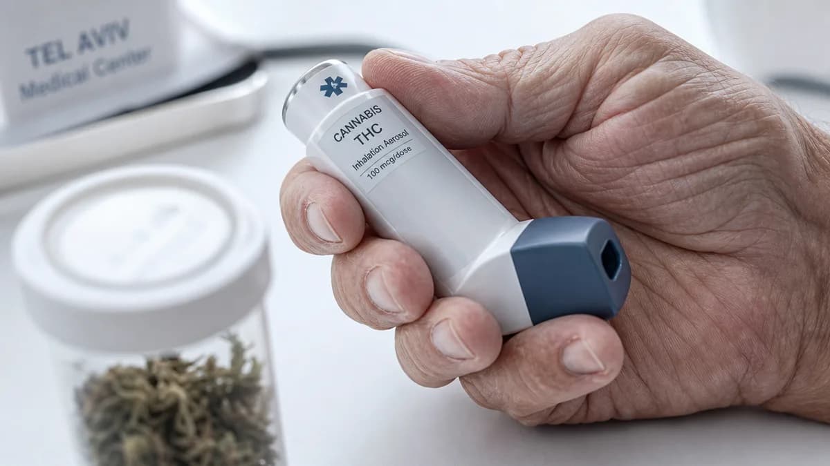 Close-up of a metered-dose medical cannabis inhaler held in a patient's hand next to dried flower in an unmarked pharmacy vial, clinical white background.