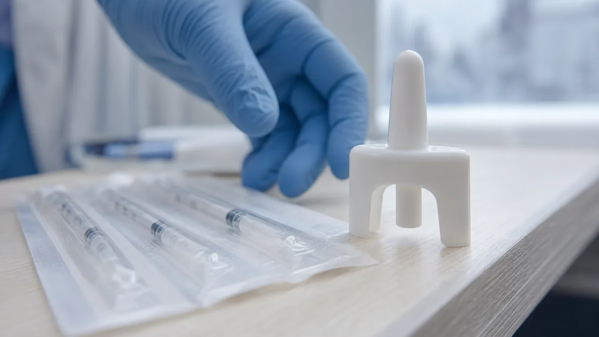 Naloxone nasal spray kit and clean sterile syringes laid out on a harm-reduction clinic counter, blue-gloved hand reaching in, no legible labels.