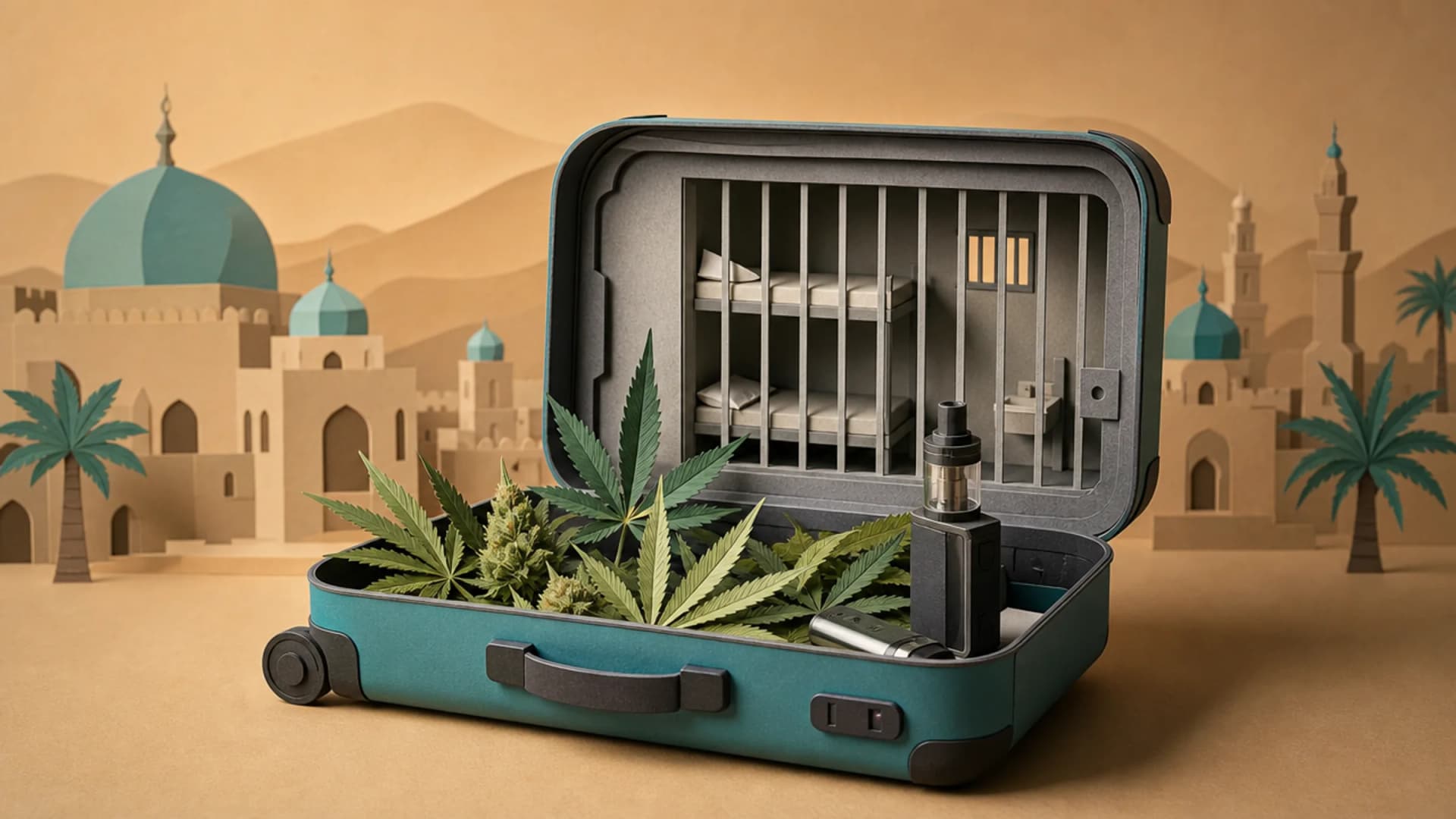 Cut-paper diorama of an open carry-on suitcase whose lid contains a tiny layered-paper jail cell with bars and a bunk, set against a sand-toned backdrop. (VapeExperts/AI)