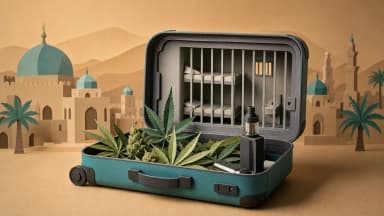 Cut-paper diorama of an open carry-on suitcase whose lid contains a tiny layered-paper jail cell with bars and a bunk, set against a sand-toned backdrop. (VapeExperts/AI)