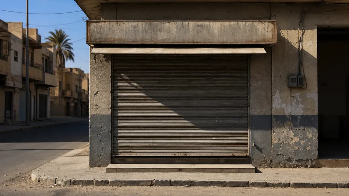 Shuttered small shop exterior with a pulled-down metal roller grate on a hot, empty street, harsh sunlight and long shadows, no readable signs.