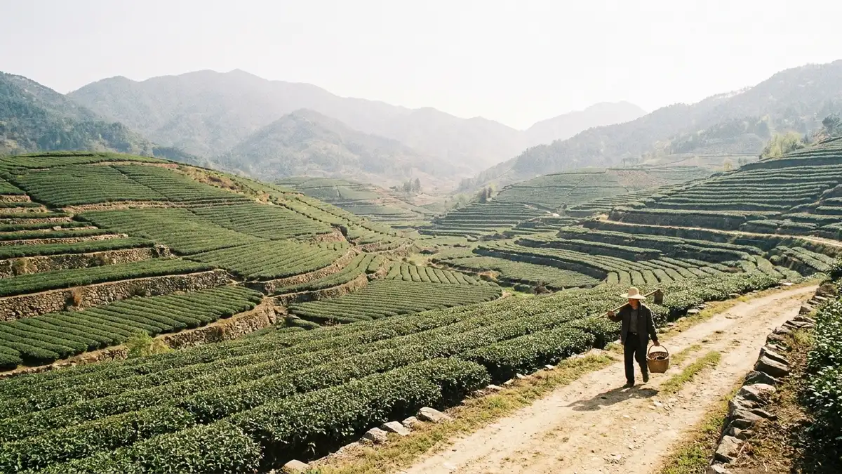 Wide landscape of terraced valley farmland with low green crop rows and hazy mountains behind, a lone farmer walking a dirt track at midday.