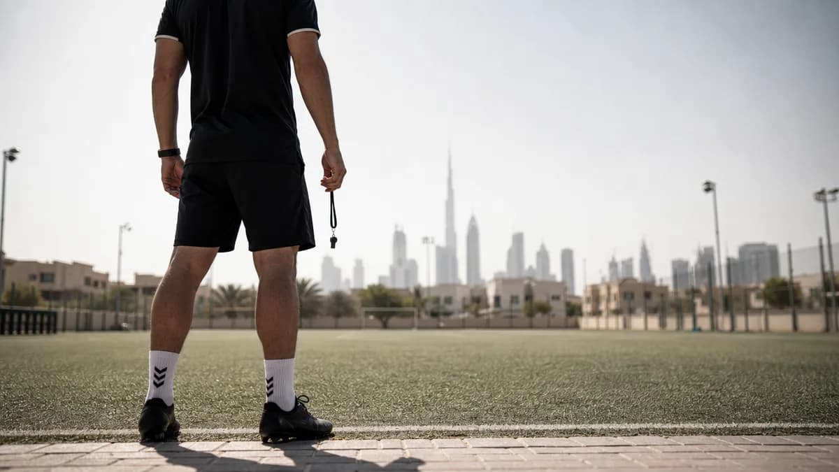 A young football coach in training gear seen from behind, standing alone at the edge of an empty artificial pitch in a Dubai suburb, glass...