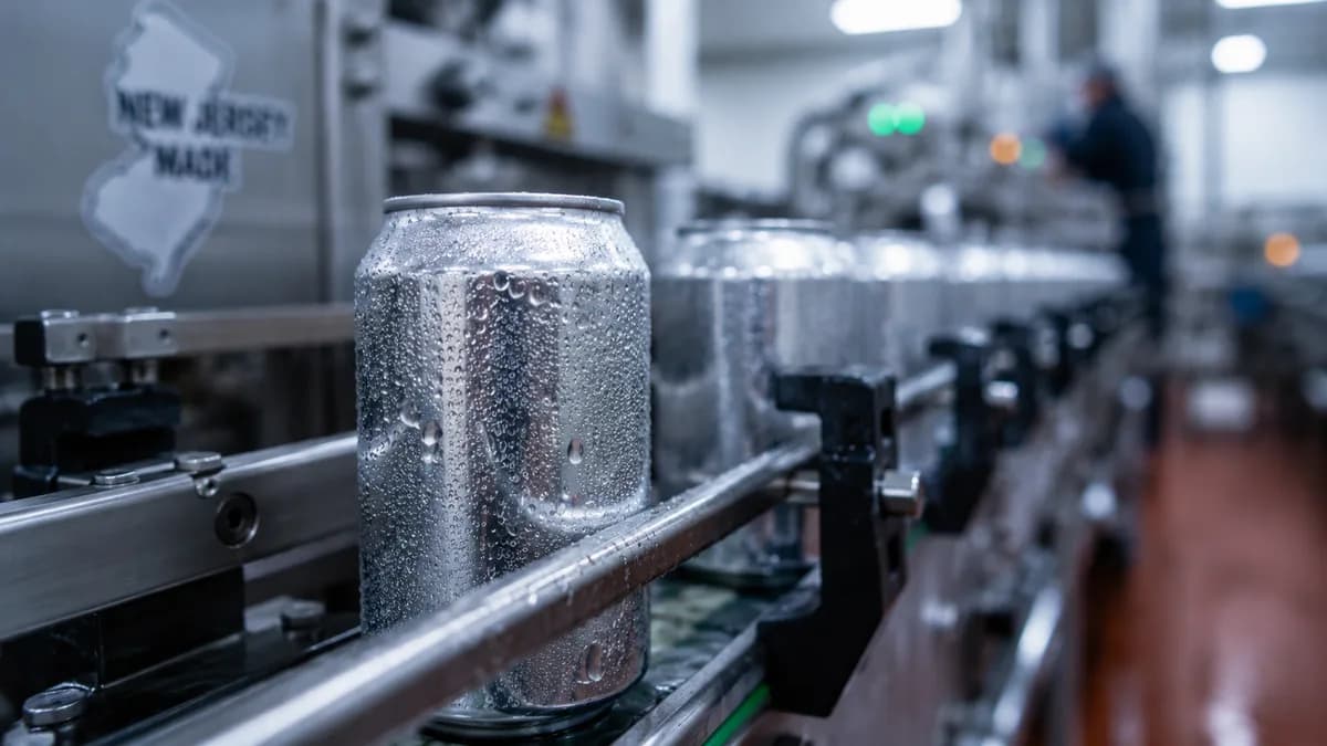 Aluminum beverage cans moving along a stainless-steel canning line in a small drinks facility, condensation on freshly filled unmarked cans.