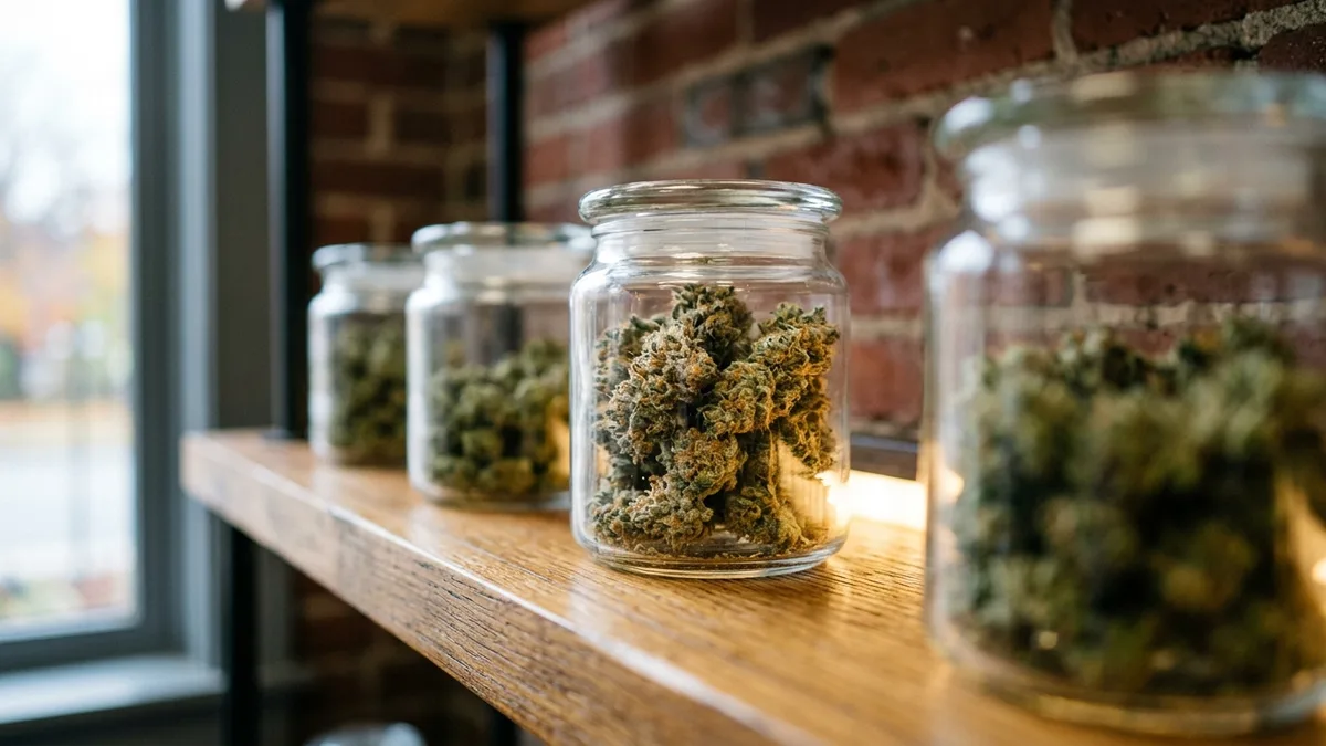 Interior of an unbranded cannabis dispensary: glass display jars of flower on lit shelves, budtender counter blurred in background, no readable signage.