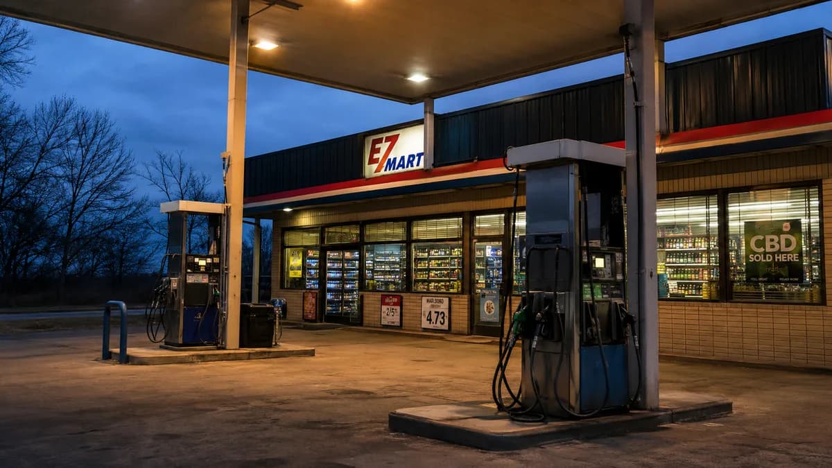 Gas station convenience store exterior at dusk, fuel pumps in foreground, glowing interior coolers visible through windows where hemp products were widely sold.
