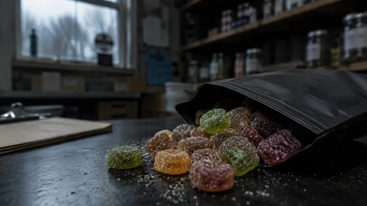 Macro close-up of assorted sugar-dusted hemp gummies spilling from an unmarked matte pouch onto a dark surface, no legible labels.