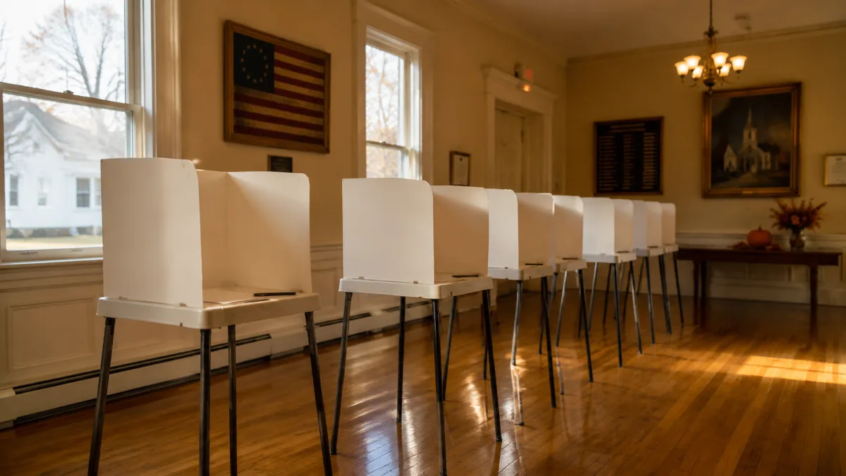 Row of voting booths with privacy dividers in a generic polling place, warm indoor lighting, no readable signage or ballots visible.