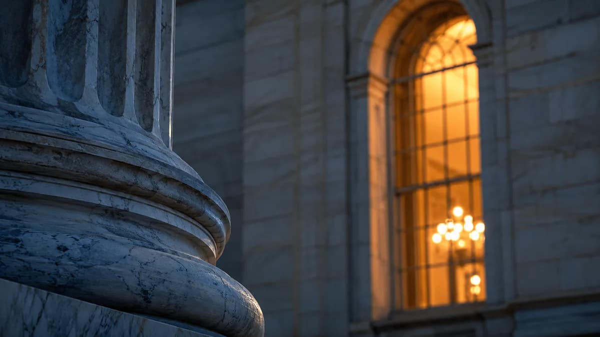 Close-up editorial photograph of warm amber light glowing through a tall arched window of a neoclassical government building in Washington,...
