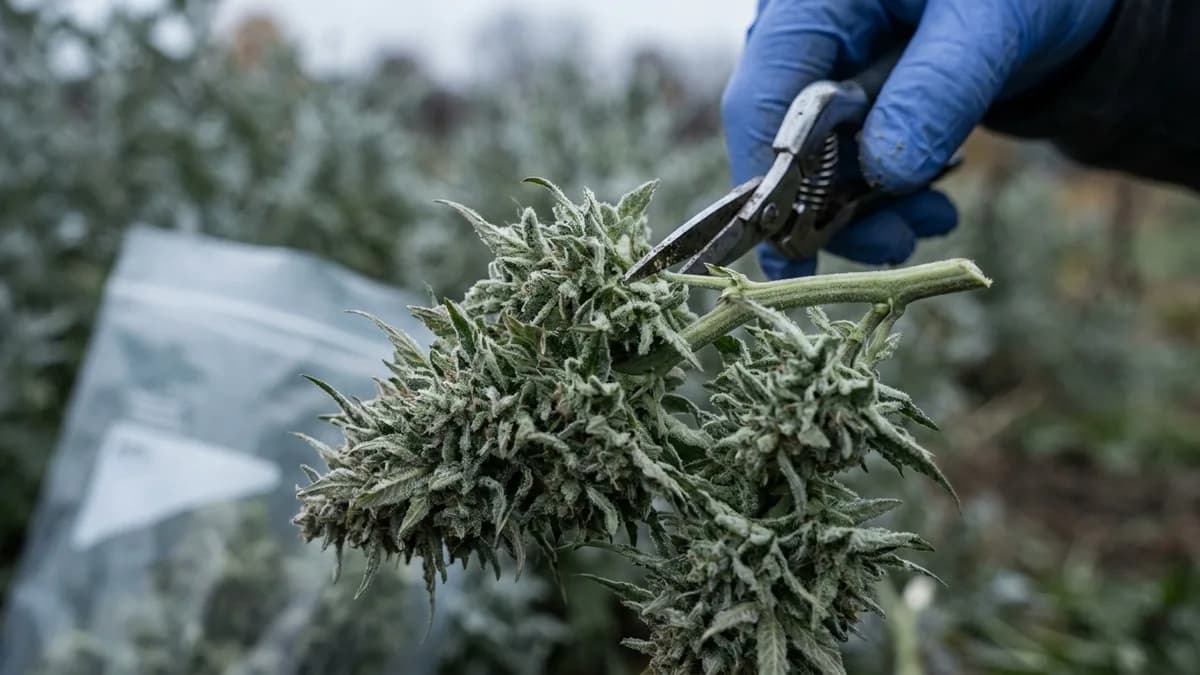 A gloved inspector clipping a flower sample from a mature hemp plant in a field, sample bag in hand, overcast sky, focus on the cutting motion.