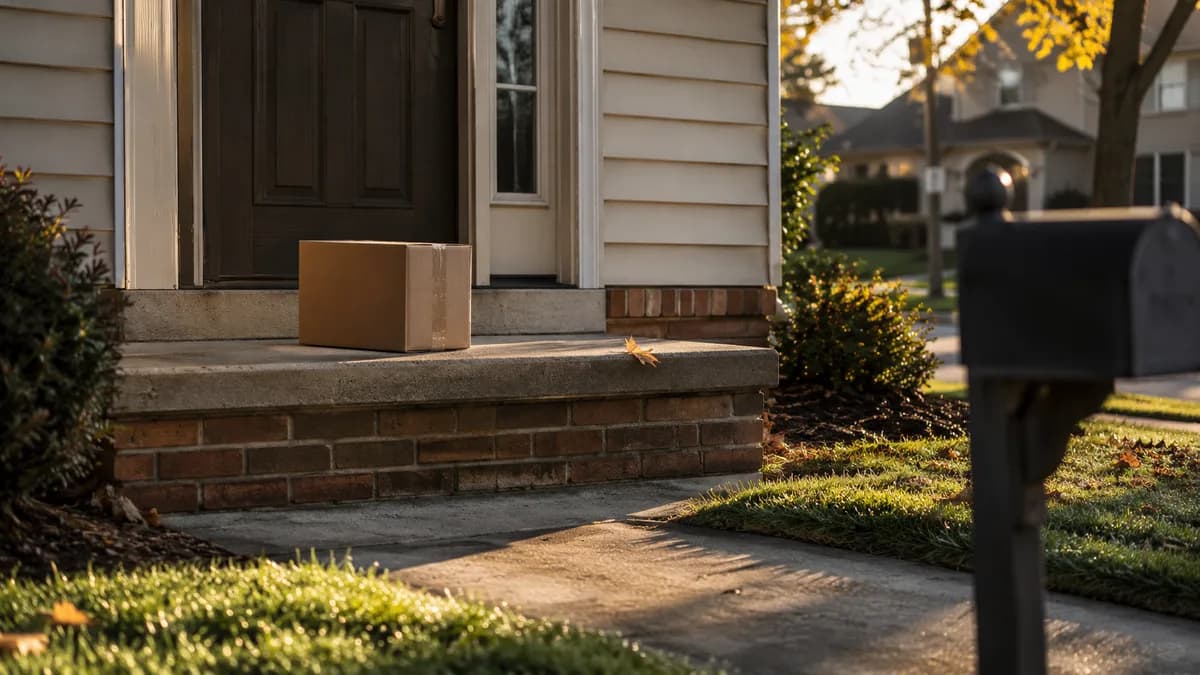 An unmarked brown shipping box sitting on a residential doorstep, morning light, no visible labels or text, suggesting legal mail-order hemp delivery to any state.