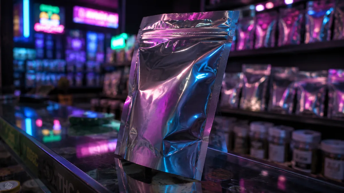 Interior of a gas-station smoke shop counter at night, shelves of unmarked shiny pouches and jars under neon glow, no legible text, no age-check signage visible.