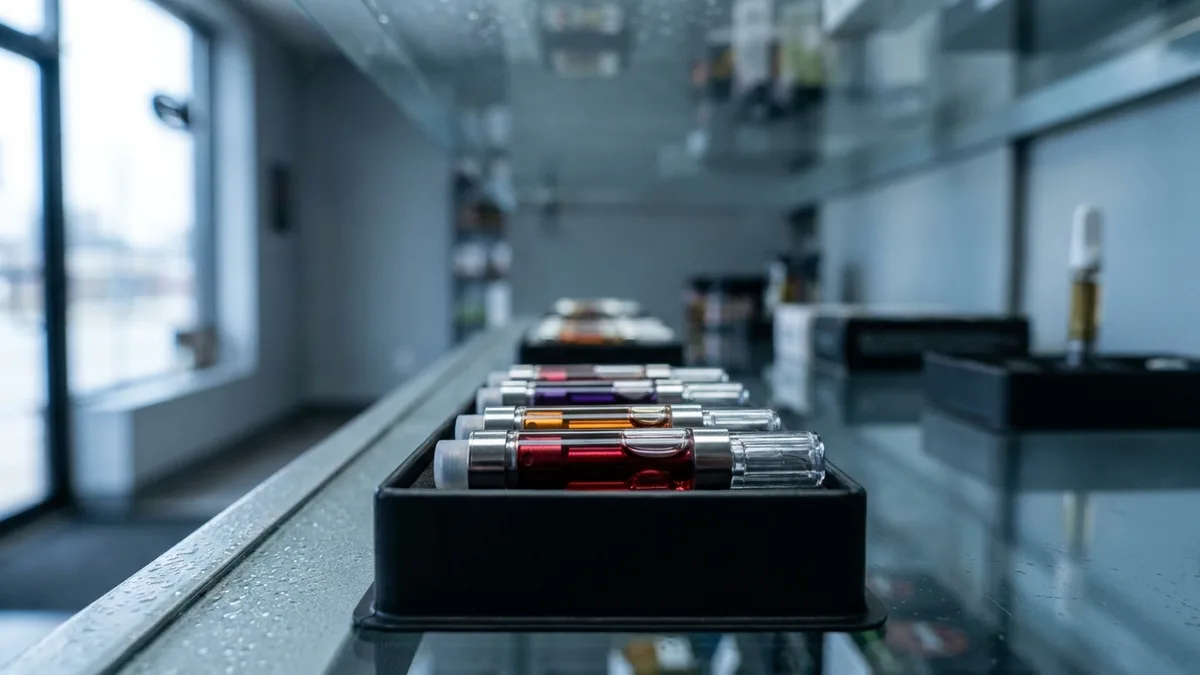 Close-up of colorful flavored cannabis vape cartridges with fruit-toned oil, arranged on a retail display tray, shallow depth of field, no legible labels.