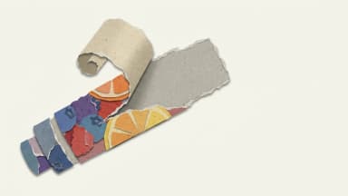 Paper-collage illustration of a vape cartridge made from torn berry and citrus colored paper scraps, with its top peeled back to reveal plain gray card beneath. (VapeExperts/AI)
