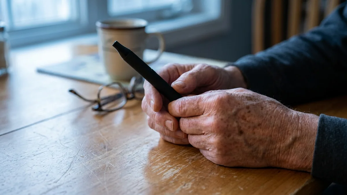 Anonymous older adult's weathered hands holding a slim vape pen at a kitchen table in soft morning window light, reading glasses nearby.